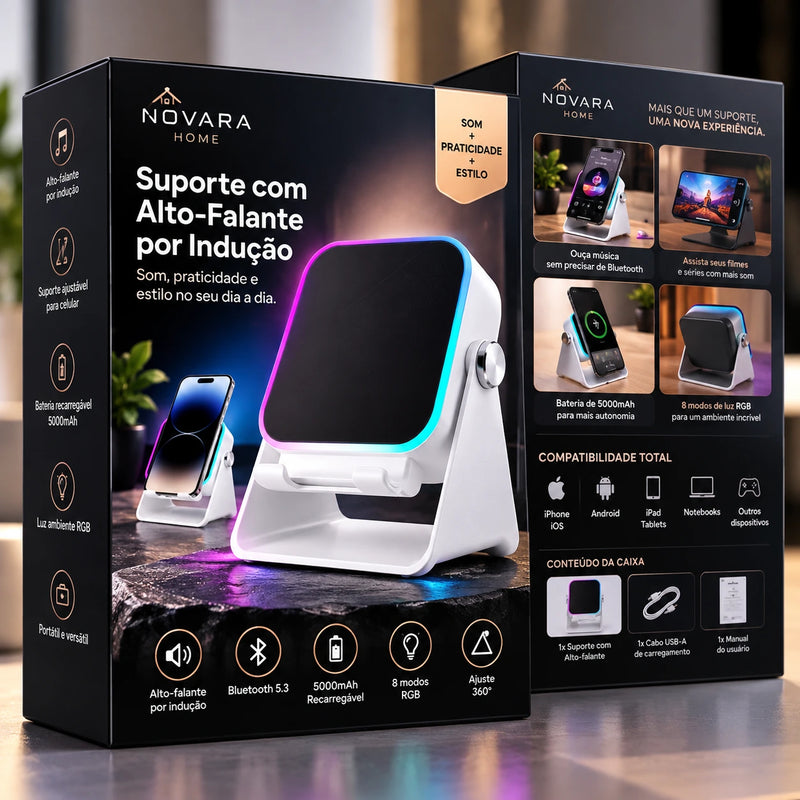 Caixa de Som por Indução 5 em 1 – Suporte 360°, Bluetooth 5.3, RGB e Power Bank