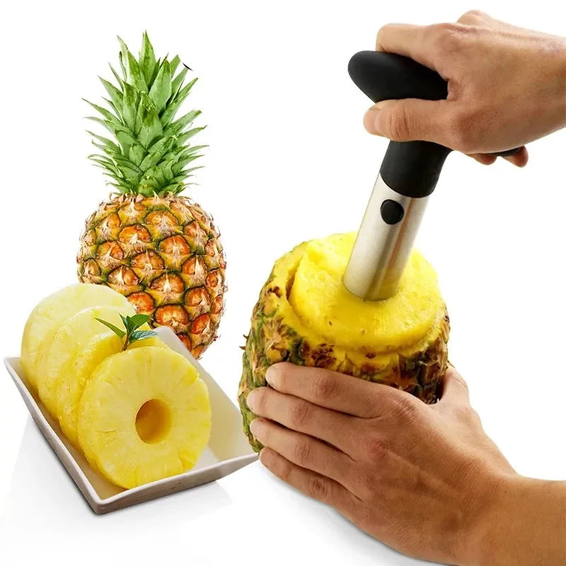 Cortador e fatiador de abacaxi em aço inoxidável para descascar e cortar frutas em espiral.