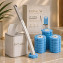 Kit escova sanitária descartável branca com suporte e cabeças de espuma azul e roxa, ideal para limpeza higiênica do banheiro sem contato com sujeira